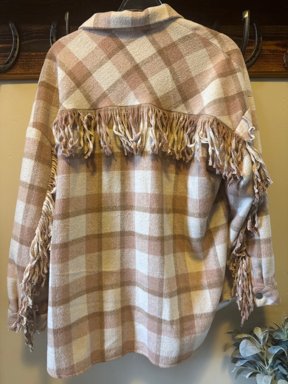 Pink Lily Plaid Fringe Shacket in Cream and Tan